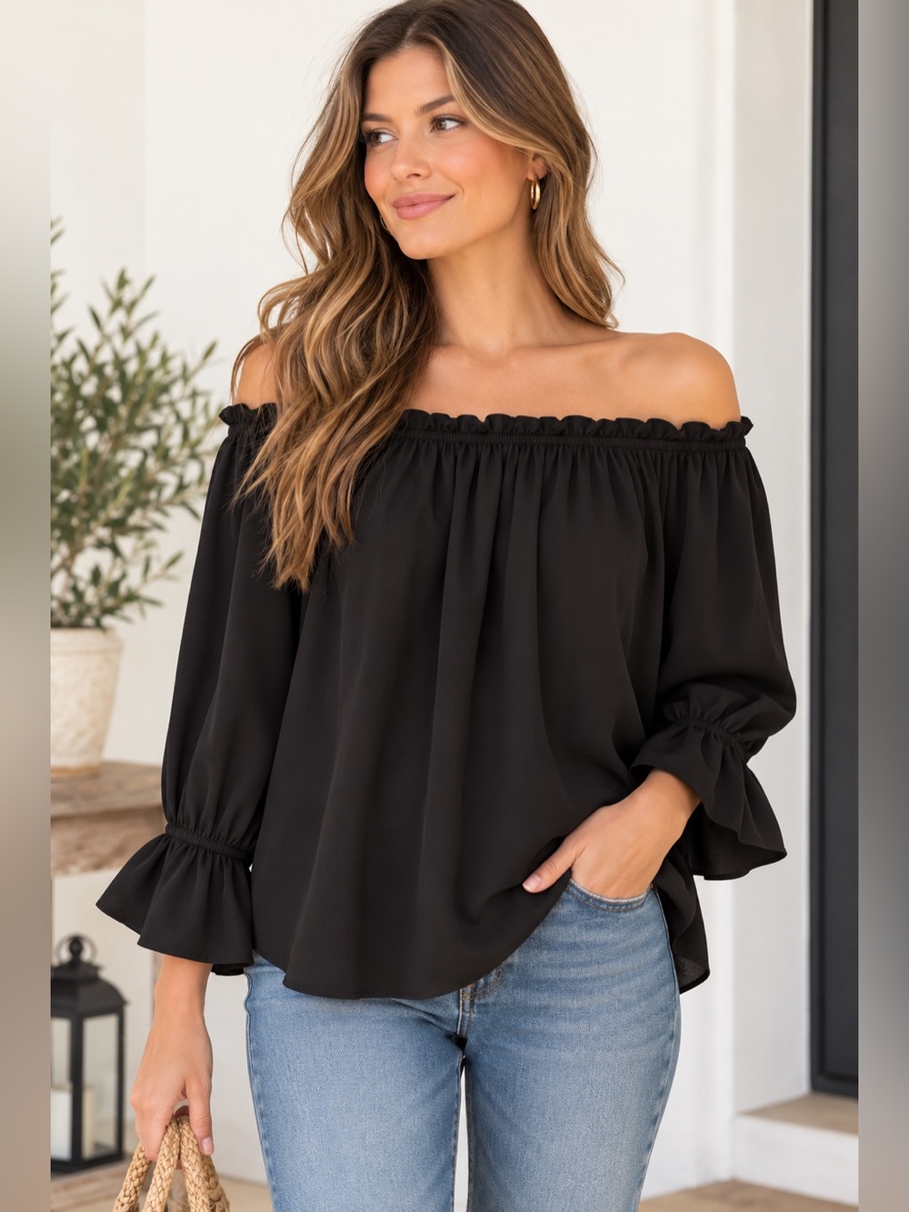 Lulu’s Black Off Shoulder Ruffle Bell Sleeve Blouse Size Small
